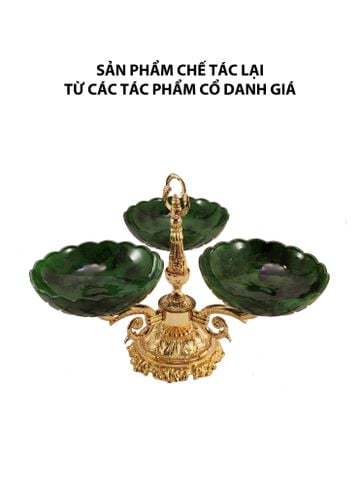  Bộ ba khay tròn màu xanh malachite bằng pha lê, chân đế bằng đồng mạ vàng OLYMPUS177 