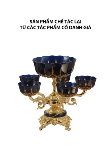  Khay trang trí 2 tầng 2 màu xanh đen và hổ phách bằng pha lê, chân đế bằng đồng mạ vàng OLYMPUS002 