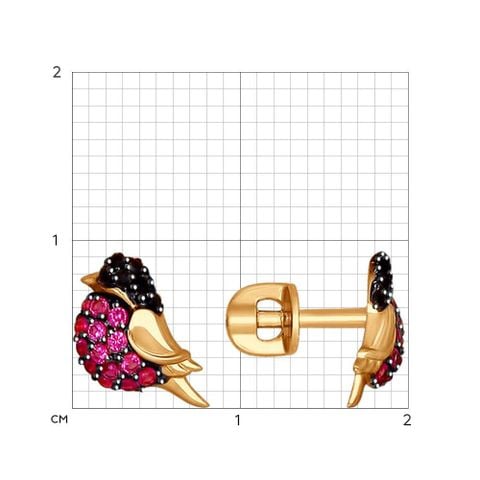 Bông tai Sokolov hình chim Bullfinch bằng vàng đính kim cương CZ và Corundum - 027467