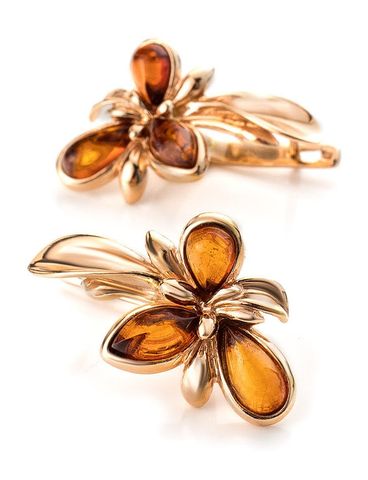 Bông tai trang sức Amber Jewelry bạc đính đá hổ phách màu cognac Cypress 16 phủ vàng - 710110039