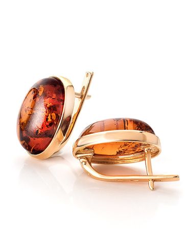 Bông tai trang sức Amber Jewelry bạc 22K đính đá hổ phách thiên nhiên màu cognac (Goji large) phủ vàng - 710111069
