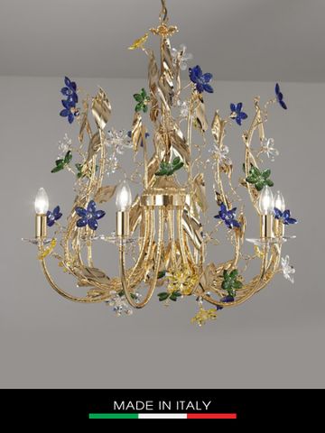 Đèn chùm DEBORA 6 bóng bằng đồng mạ vàng trang trí lá pha lê màu - DC3928-OR