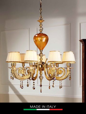  Đèn chùm pha lê màu hổ phách Romatica mạ vàng 9 bóng cm77x74h gắn kim cương Swarovski DEBORA DC2439 