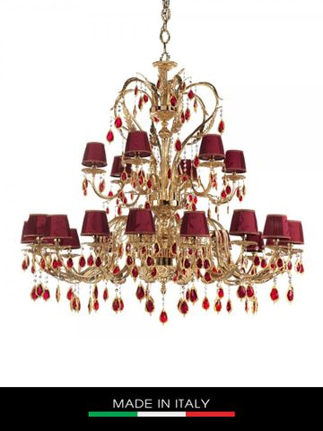 Đèn trần Debora Roma 24 bóng mạ vàng gắn hạt pha lê Swarovski đỏ ruby chụp đèn màu hồng - DC4432/OR