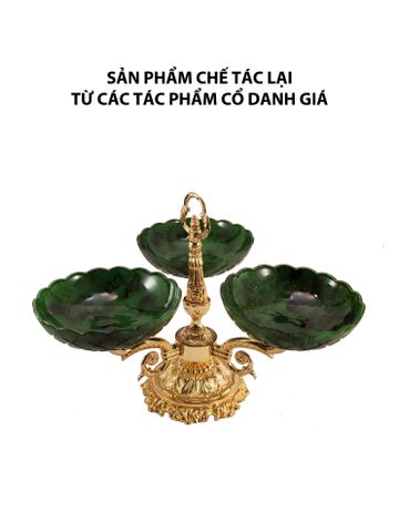  Bộ ba khay tròn màu xanh malachite bằng pha lê, chân đế bằng đồng mạ vàng OLYMPUS177 