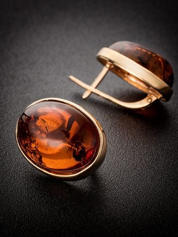 Bông tai trang sức Amber Jewelry bạc 22K đính đá hổ phách thiên nhiên màu cognac (Goji large) phủ vàng - 710111069