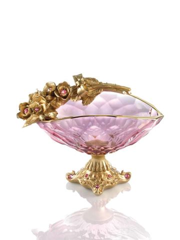  Khay pha lê màu hồng, phủ vàng 24k gắn hoa hồng và kim cương swarovski Cevik 3NT.CHR/140/O 