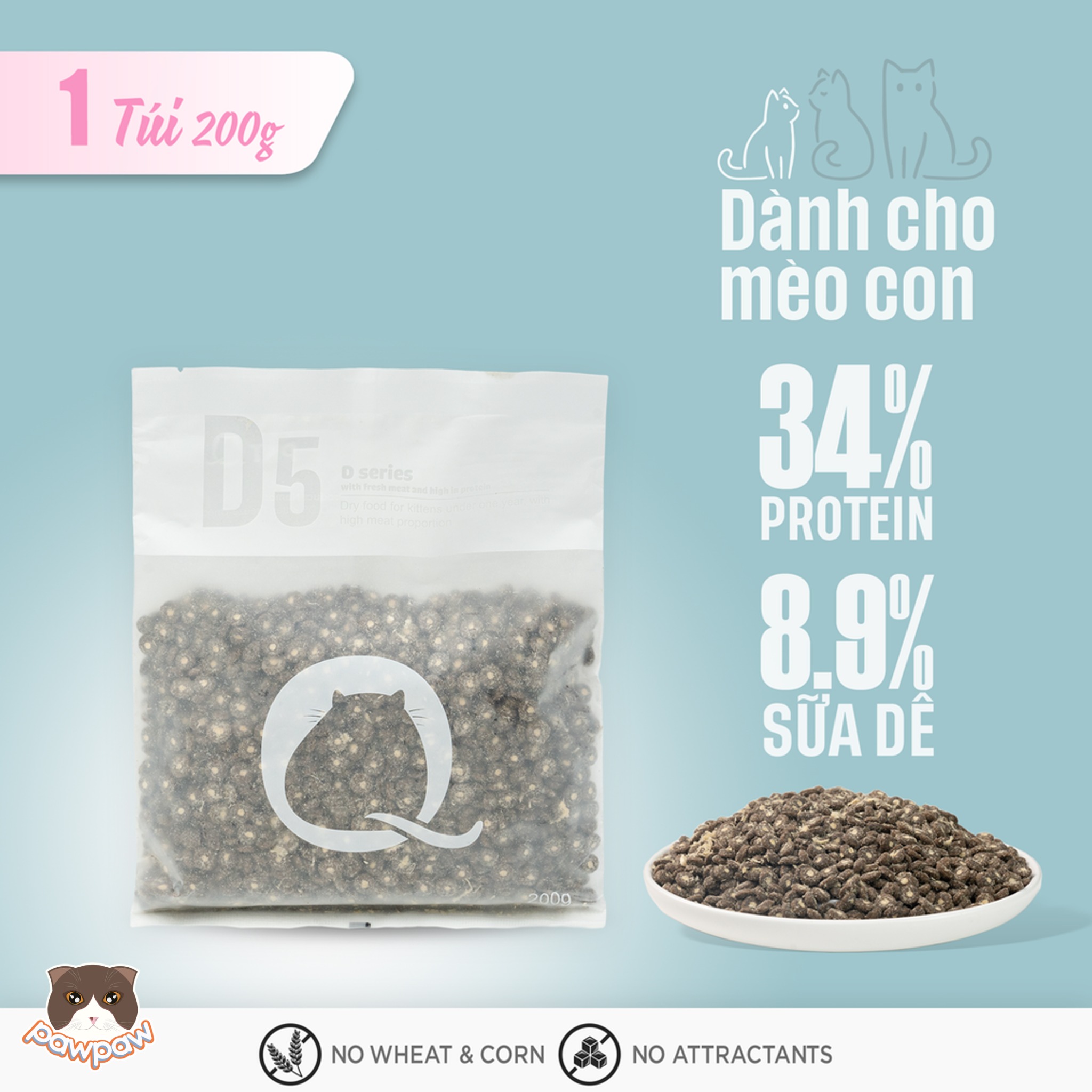  Hạt PetQ D5 trộn thịt sấy gói 200g cho mèo con 