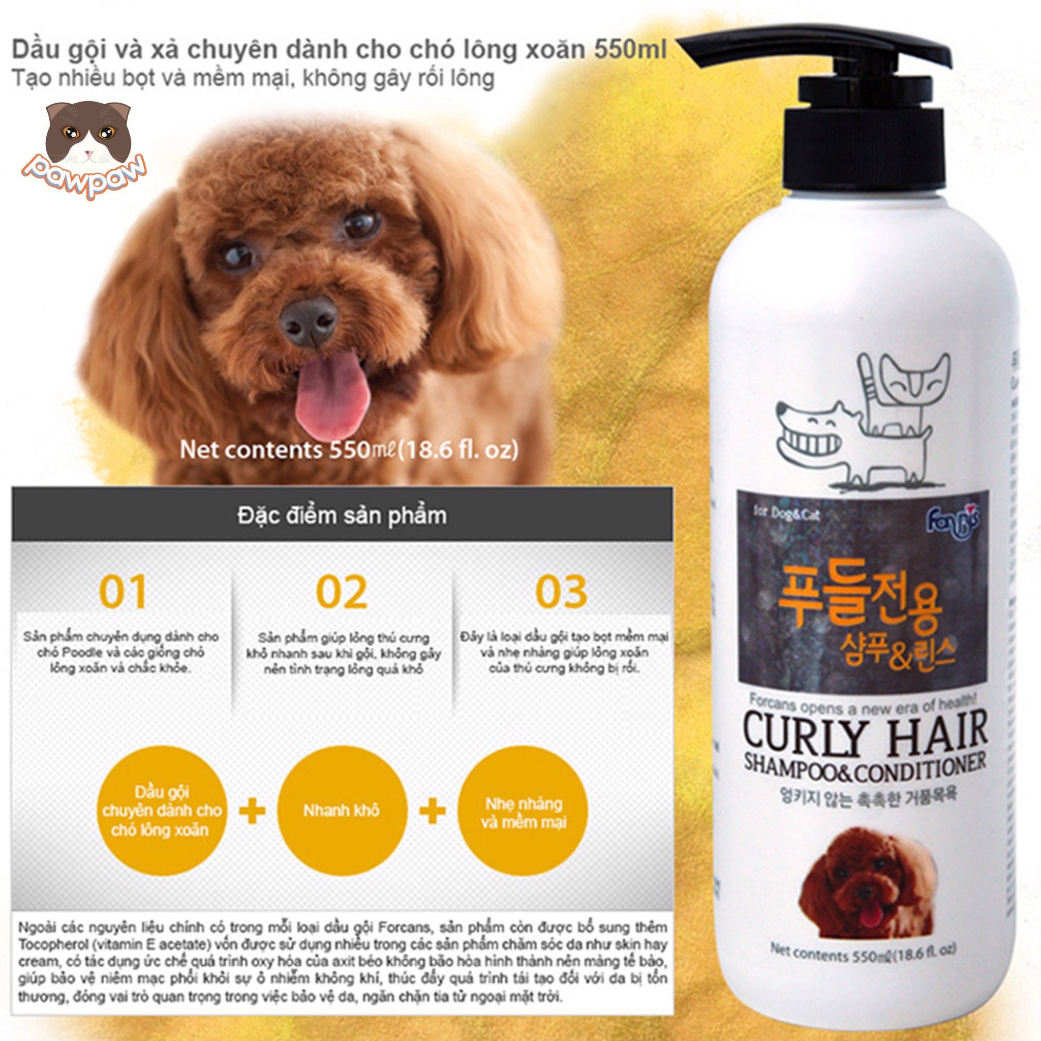  Dầu gội và xả dành cho chó lông xoăn Forcans 550ml 