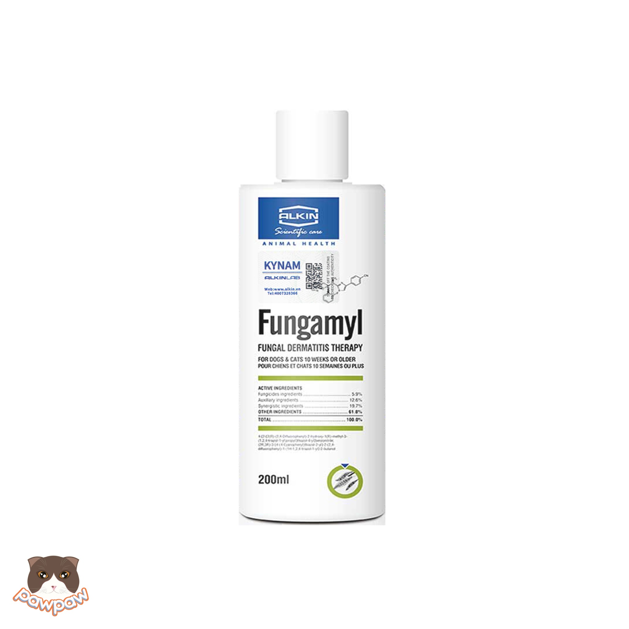 Sữa tắm trị nấm, viêm da, vảy gàu Alkin Fungamyl 200ml cho chó mèo 
