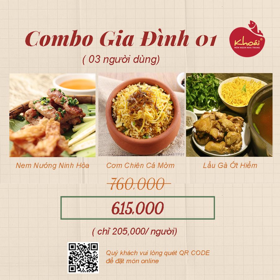  COMBO O1: NEM NƯỚNG NINH HÒA, LẨU GÀ ỚT HIỂM, CƠM CHIÊN CÁ MỜM 