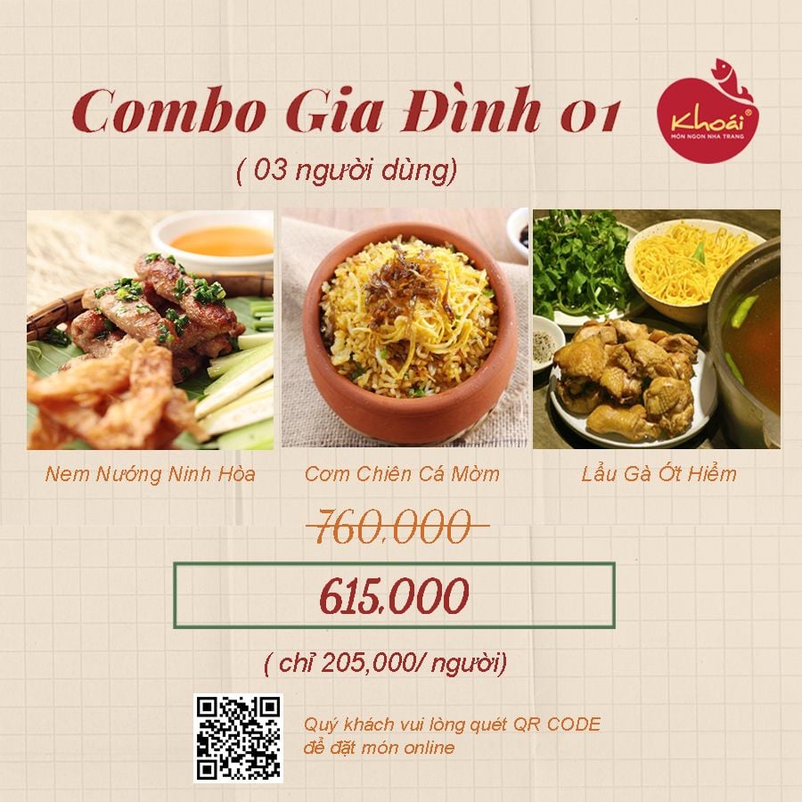  COMBO O1: NEM NƯỚNG NINH HÒA, LẨU GÀ ỚT HIỂM, CƠM CHIÊN CÁ MỜM 