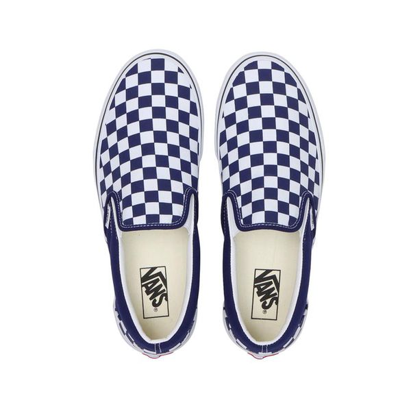 blue and white checkered slip on vans