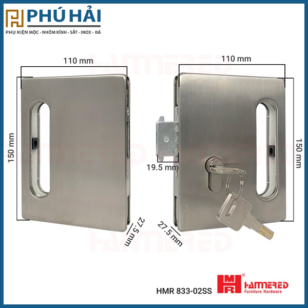  KHÓA KÍNH LÙA ĐÔI VUÔNG INOX MỜ 304 HMR 833-02SS 