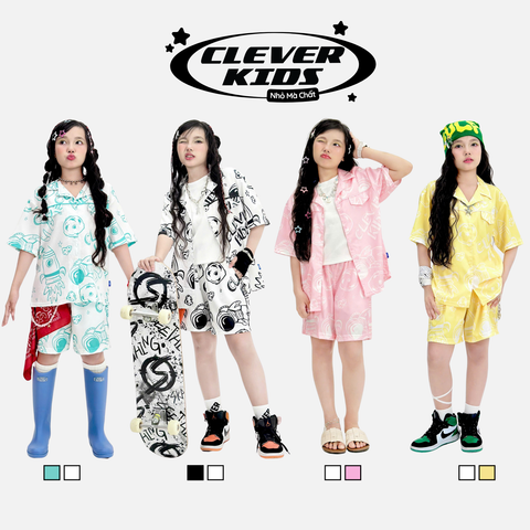  Set bộ cho Bé Trai/Bé Gái 6–12 tuổi – Phối màu nổi bật, chất tafta mềm mịn I Bộ Sơ Mi Astro Clever Kids 