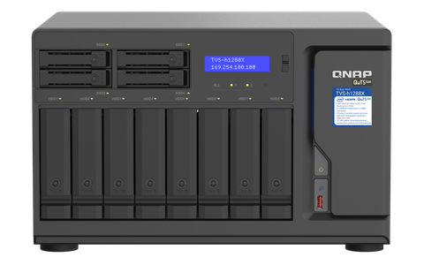 QNAP TVS-h1288X-W1250-16G QuTS hero NAS, ideal for high-speed media collaboration over Thunderbolt™ 3