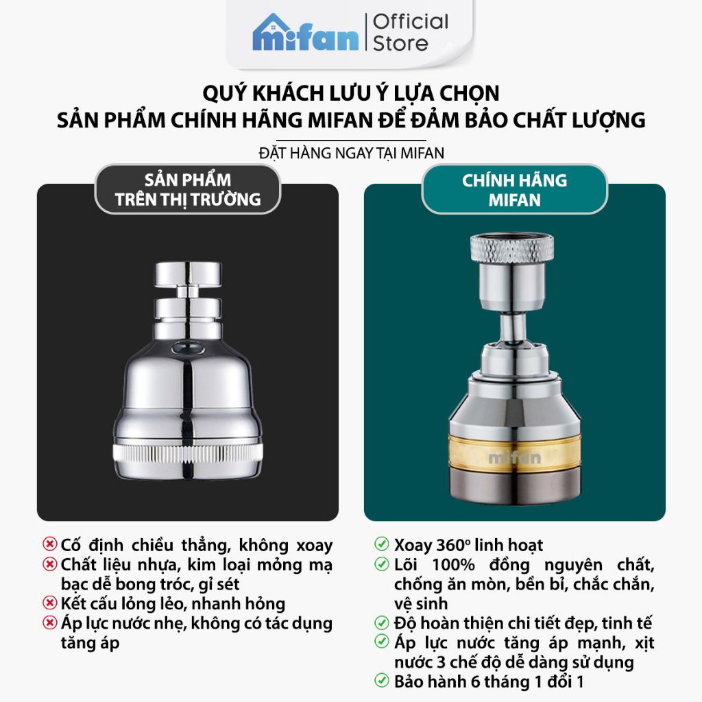 Đầu vòi rửa bát tăng áp đồng thau inox 304 cao cấp Mifan