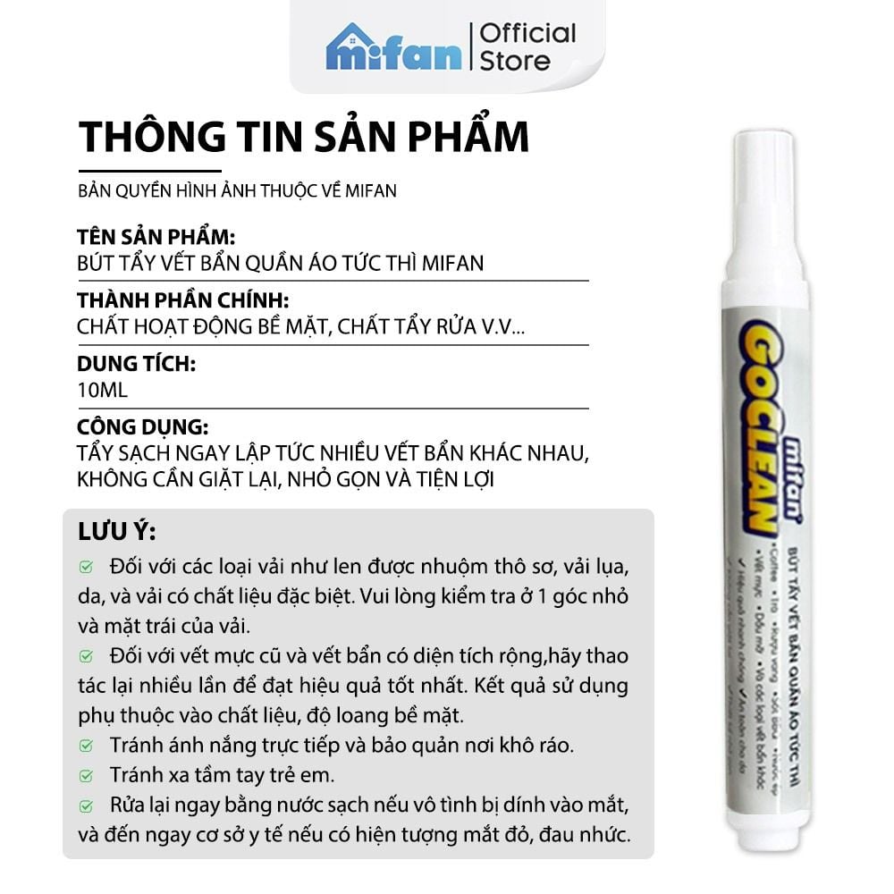 Bút Tẩy Vết Bẩn Quần Áo Tức Thì Mifan GOCLEAN 10ml