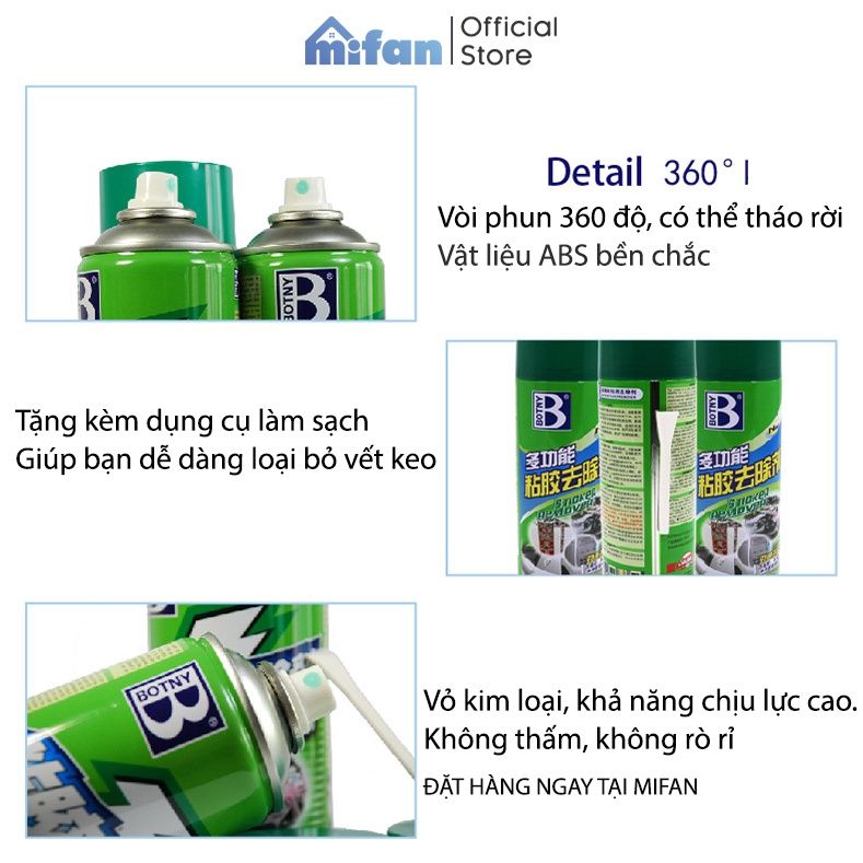Bình Xịt Tẩy Keo Băng Dính BOTNY Sticker Remover - Làm sạch vết băng dính keo dán mọi bề mặt - MIFAN HÀNG CHÍNH HÃNG