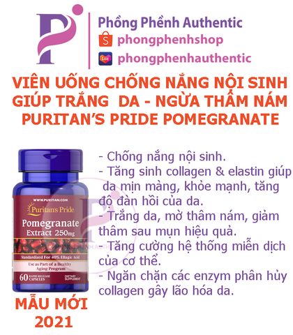 VIÊN UỐNG LỰU CHỐNG NẮNG NỘI SINH, TRẮNG DA, GIẢM THÂM NÁM PURITAN'S PRIDE POMEGRANATE 250MG