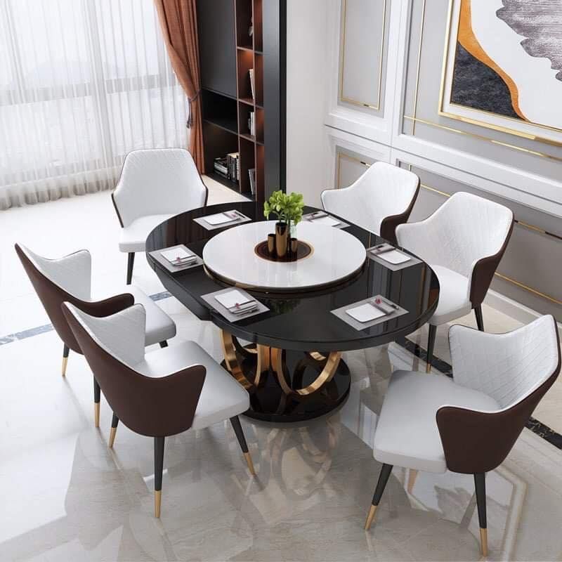 Bàn ăn thông minh Gỗ sơn, mặt kính cường lực, khung inox mạ titan vàng BA025