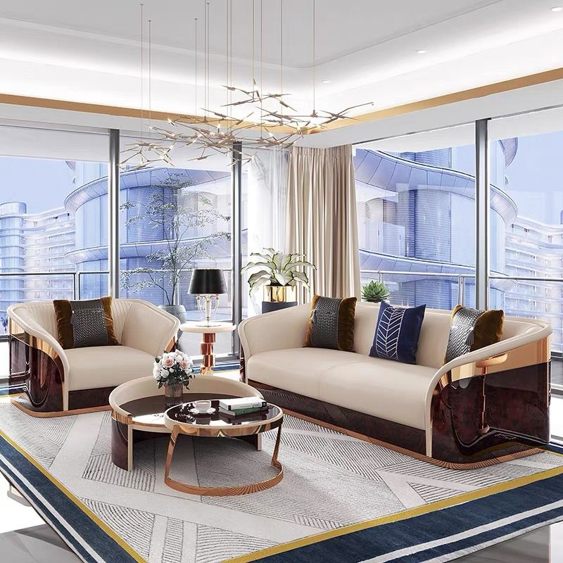 Ghế Sofa da Bò lớp trên cùng cao cấp, gỗ bạch dương sơn piano, nẹp inox mạ titan vàng GSF171