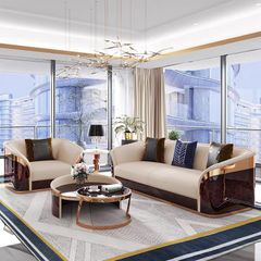 Ghế Sofa da Bò lớp trên cùng cao cấp, gỗ bạch dương sơn piano, nẹp inox mạ titan vàng GSF171