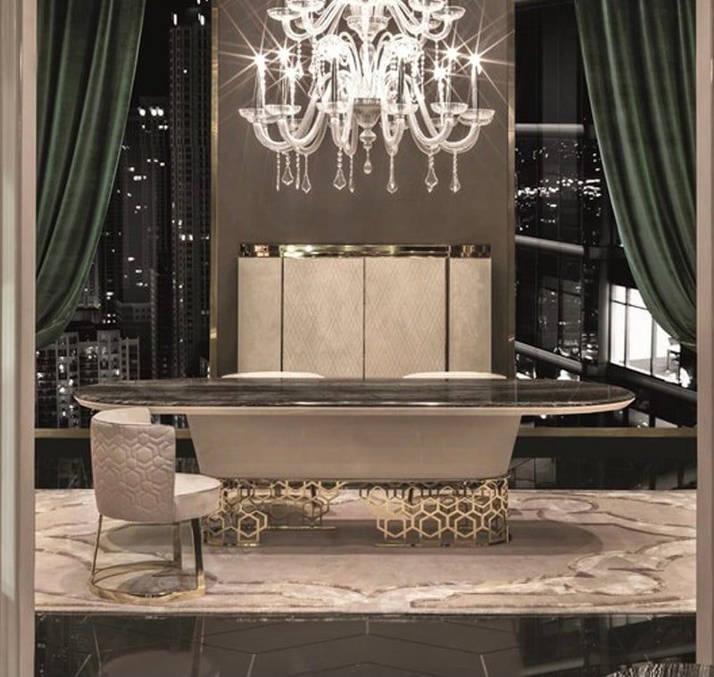 Bàn ăn mặt đá marble nhân tạo, khung inox mạ titan vàng BA0155