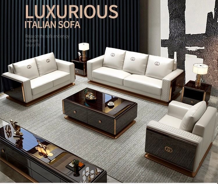 Ghế Sofa da màu kem, gỗ sơn piano cao cấp GSF169