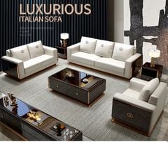 Ghế Sofa da màu kem, gỗ sơn piano cao cấp GSF169