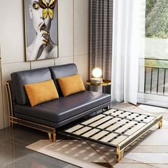 Ghế sofa giường da công nghiệp, khung gỗ, viền inox mạ titan vàng  GSF175