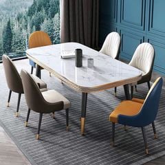 Bàn ăn mặt đá marble nhân tạo, khung sắt, nẹp inox mạ titan vàng BA112