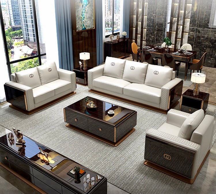 Ghế Sofa da màu kem, gỗ sơn piano cao cấp GSF169