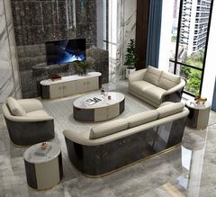 Ghế Sofa da, mặt lưng gỗ sơn piano bo tròn cao cấp GSF168