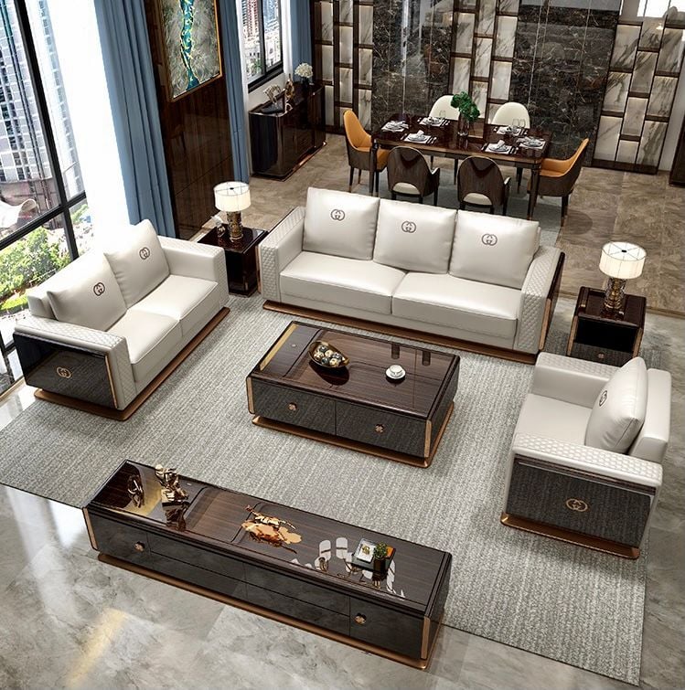 Ghế Sofa da màu kem, gỗ sơn piano cao cấp GSF169