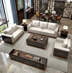 Ghế Sofa da màu kem, gỗ sơn piano cao cấp GSF169