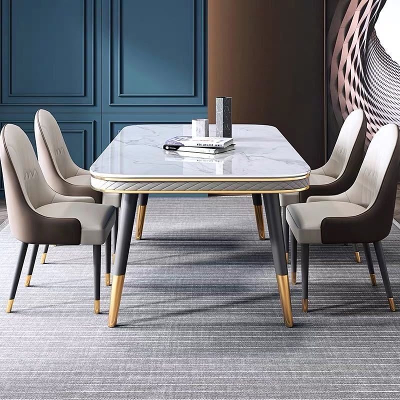 Bàn ăn mặt đá marble nhân tạo, khung sắt, nẹp inox mạ titan vàng BA112