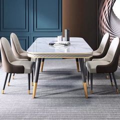 Bàn ăn mặt đá marble nhân tạo, khung sắt, nẹp inox mạ titan vàng BA112