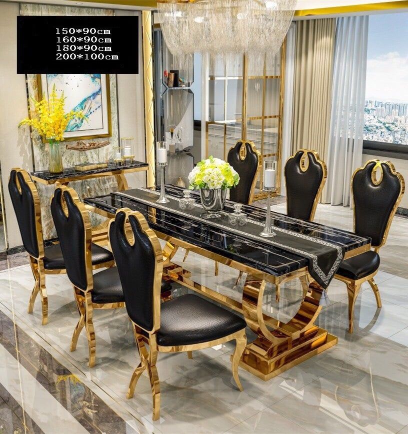 Bàn ăn mặt đá marble nhân tạo, khung inox mạ titan vàng BA006