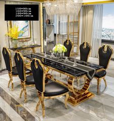 Bàn ăn mặt đá marble nhân tạo, khung inox mạ titan vàng BA006