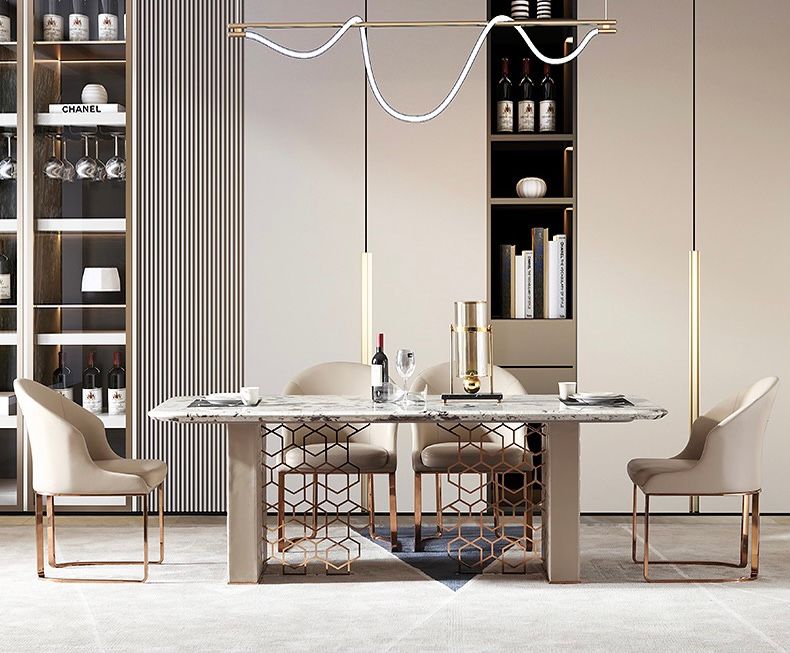 Bàn ăn mặt đá marble nhân tạo, khung inox mạ titan vàng BA0156