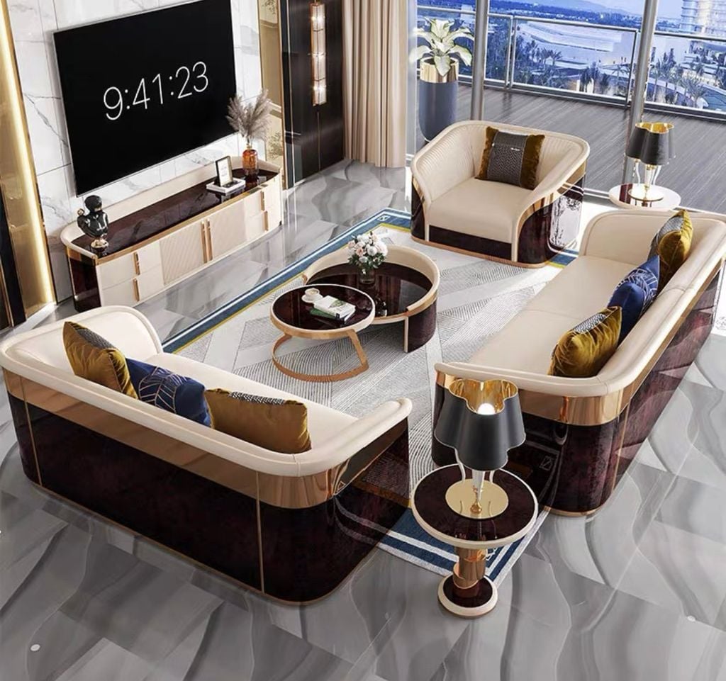 Ghế Sofa da Bò lớp trên cùng cao cấp, gỗ bạch dương sơn piano, nẹp inox mạ titan vàng GSF171