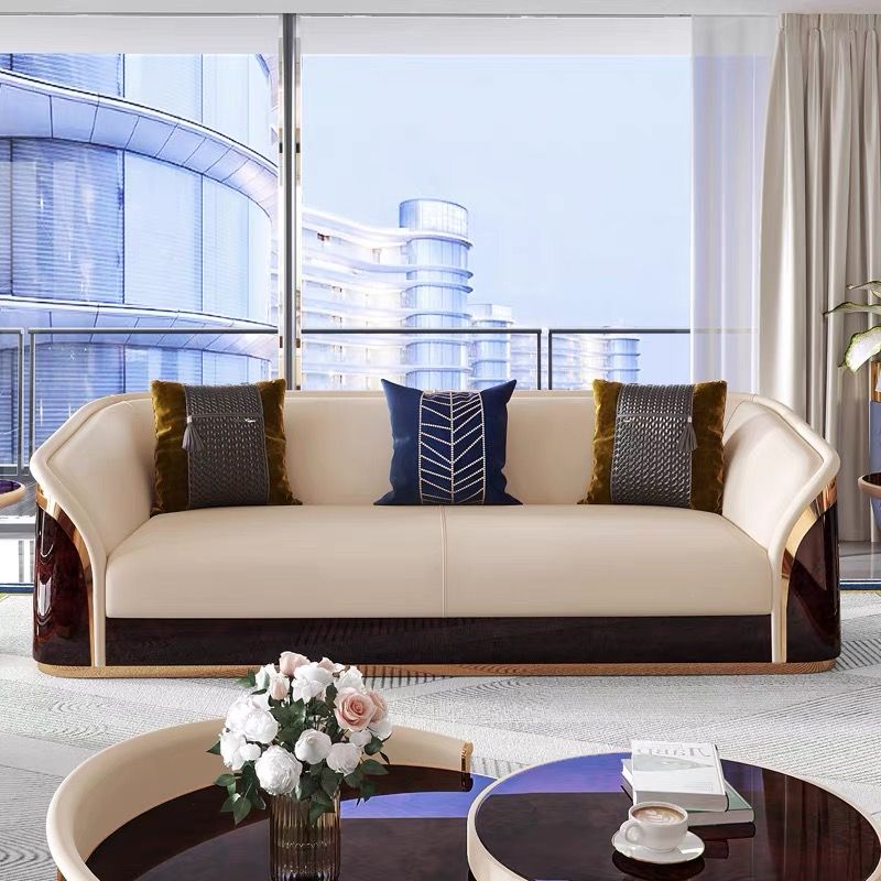 Ghế Sofa da Bò lớp trên cùng cao cấp, gỗ bạch dương sơn piano, nẹp inox mạ titan vàng GSF171