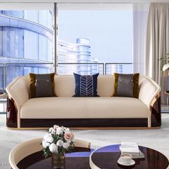 Ghế Sofa da Bò lớp trên cùng cao cấp, gỗ bạch dương sơn piano, nẹp inox mạ titan vàng GSF171