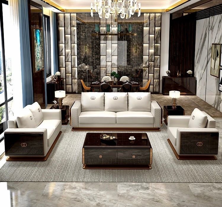 Ghế Sofa da màu kem, gỗ sơn piano cao cấp GSF169