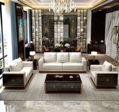 Ghế Sofa da màu kem, gỗ sơn piano cao cấp GSF169