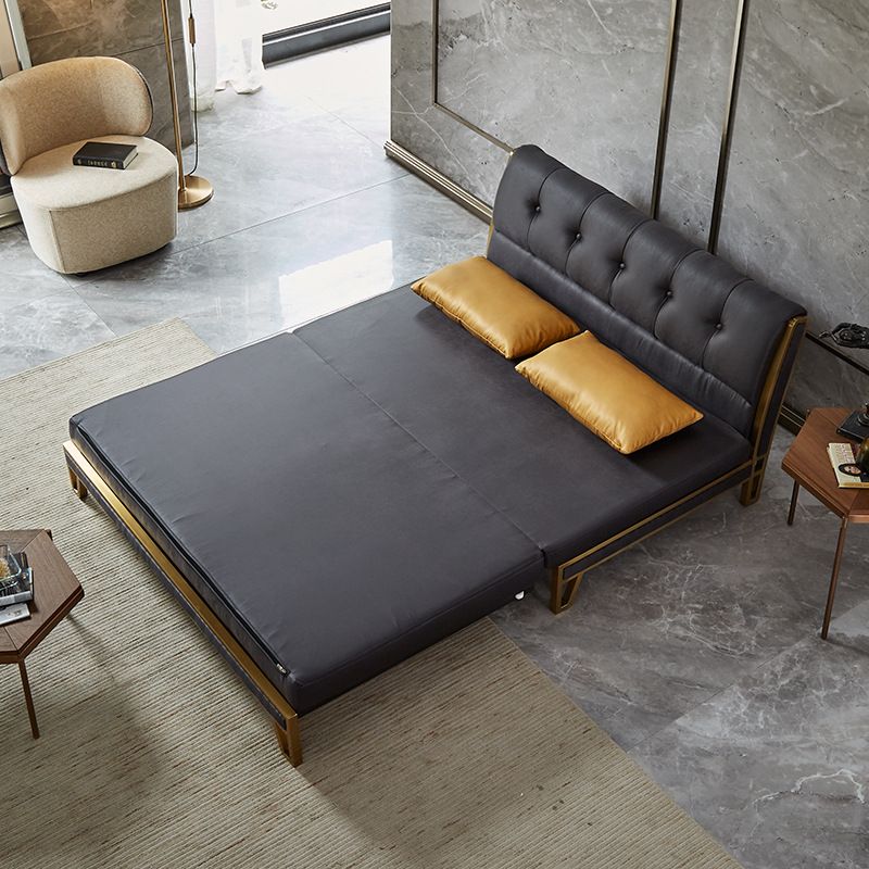 Ghế sofa giường da công nghiệp, khung gỗ, viền inox mạ titan vàng  GSF175