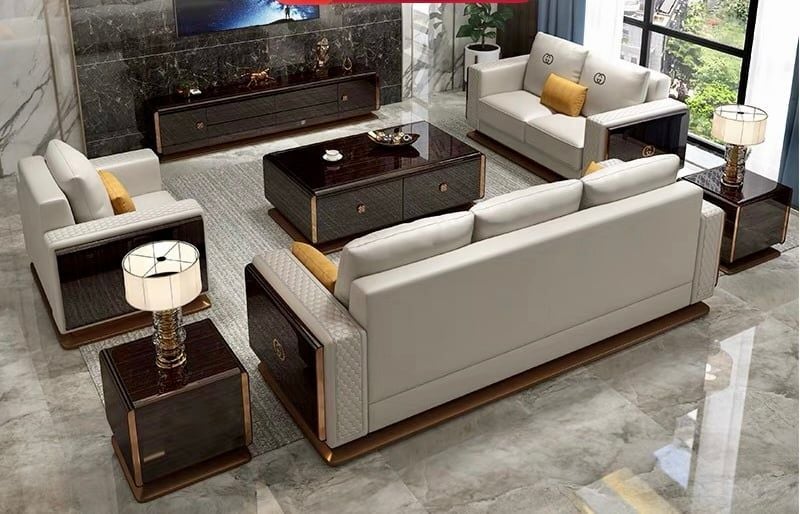 Ghế Sofa da màu kem, gỗ sơn piano cao cấp GSF169