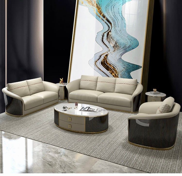Ghế Sofa da, mặt lưng gỗ sơn piano bo tròn cao cấp GSF168