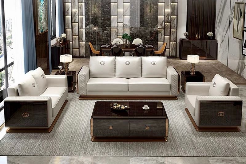 Ghế Sofa da màu kem, gỗ sơn piano cao cấp GSF169